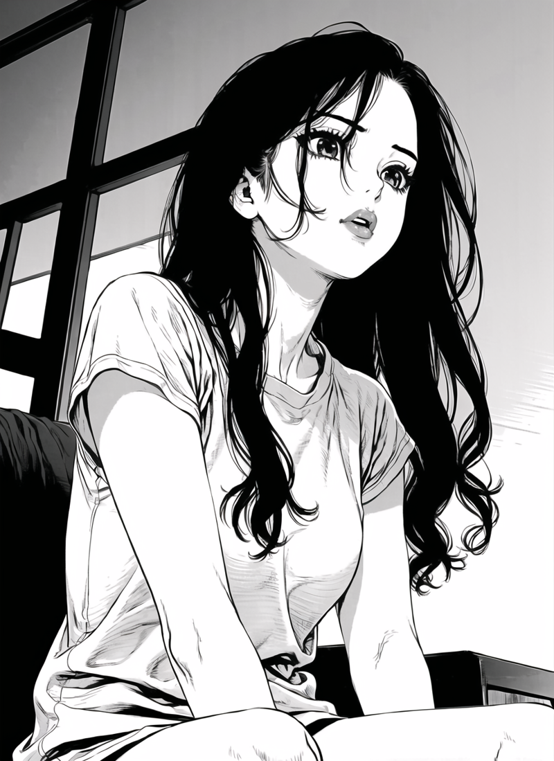 3978521206-3690578511-boichi manga style, 1girl, monochrome greyscale, solo, sitting, long hair, upper body, ((masterpiece)).png